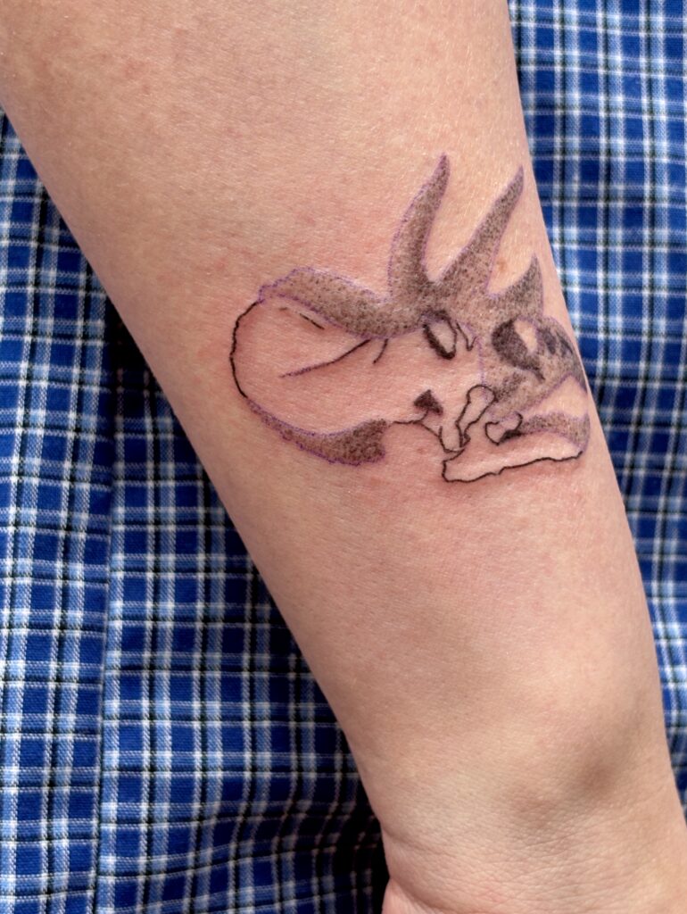 Image from tattoo gallery of odds tattoo, dinosaur skull in fine line and whip shading