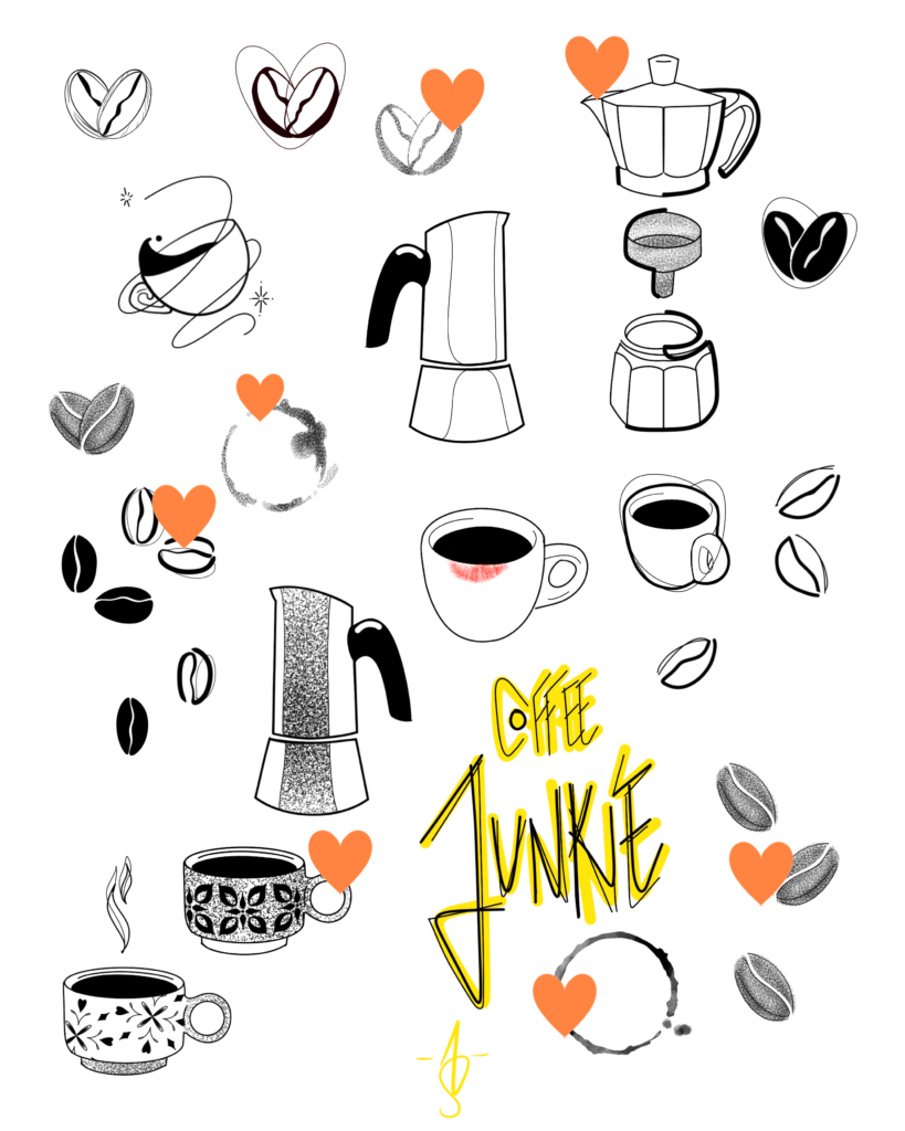 flash tatto thème café, machine à café, grains de café