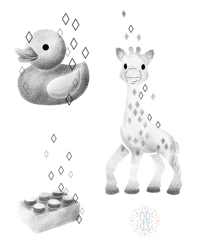 flash tattoo jouets d'enfants, sophie la girafe, canard de bain, lego