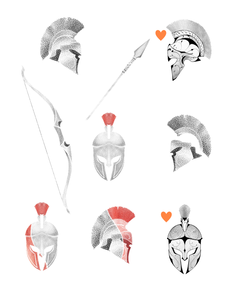 flash tattoo thème spartiates, casques, lances